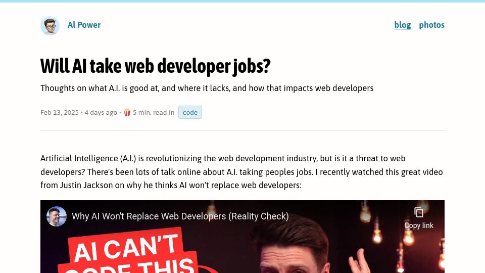 Screenshot of alpower.com: Will AI take web developer jobs?