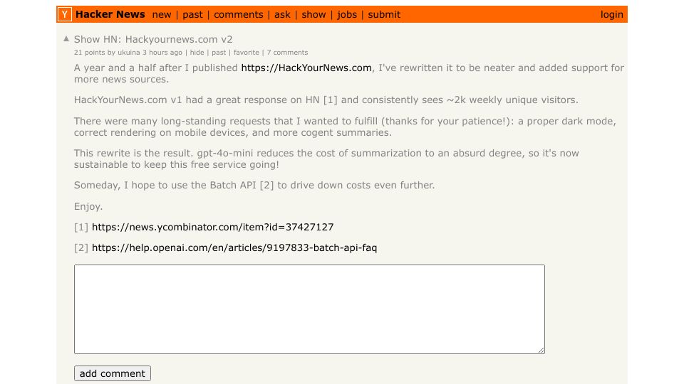 Screenshot of Hacker News post: Show HN: Hackyournews.com v2