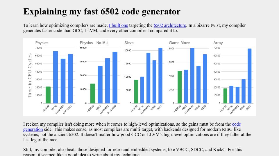 Screenshot of pubby.games: Explaining my fast 6502 code generator (2023)