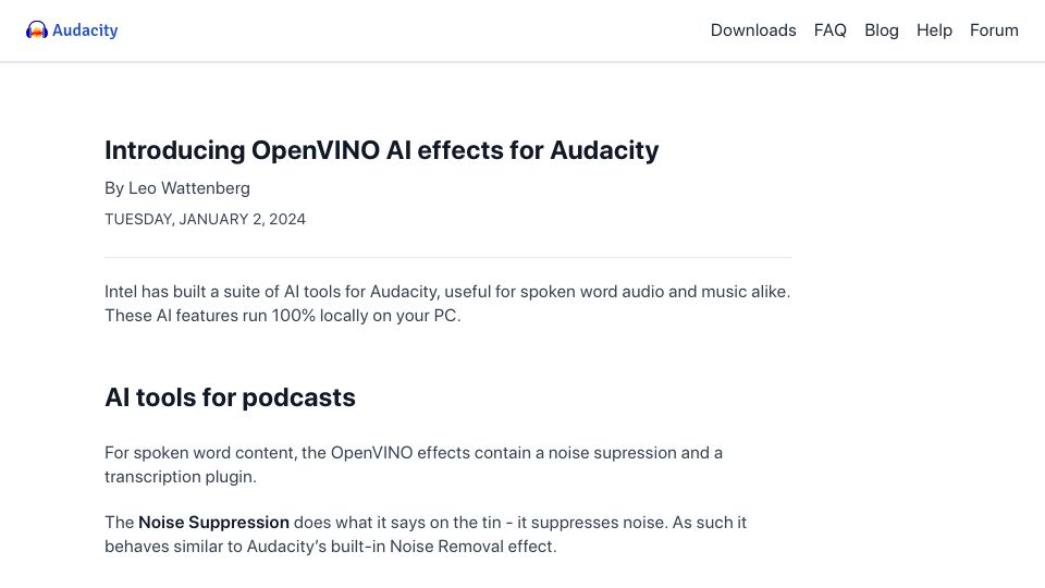 Screenshot of audacityteam.org: OpenVINO AI effects for Audacity