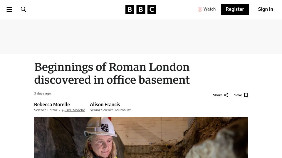 Screenshot of bbc.com: Beginnings of Roman London discovered in office basement