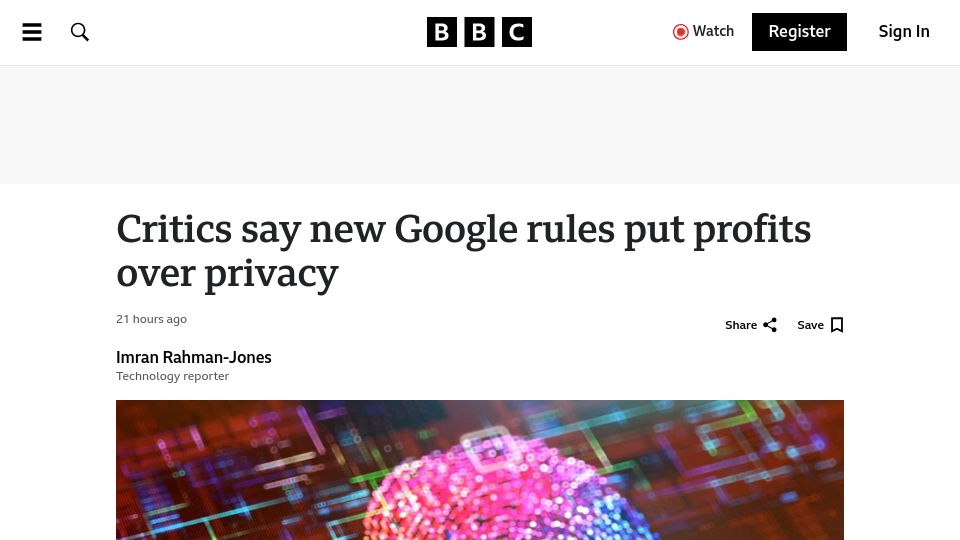 Screenshot of bbc.com: Critics say new Google rules put profits over privacy