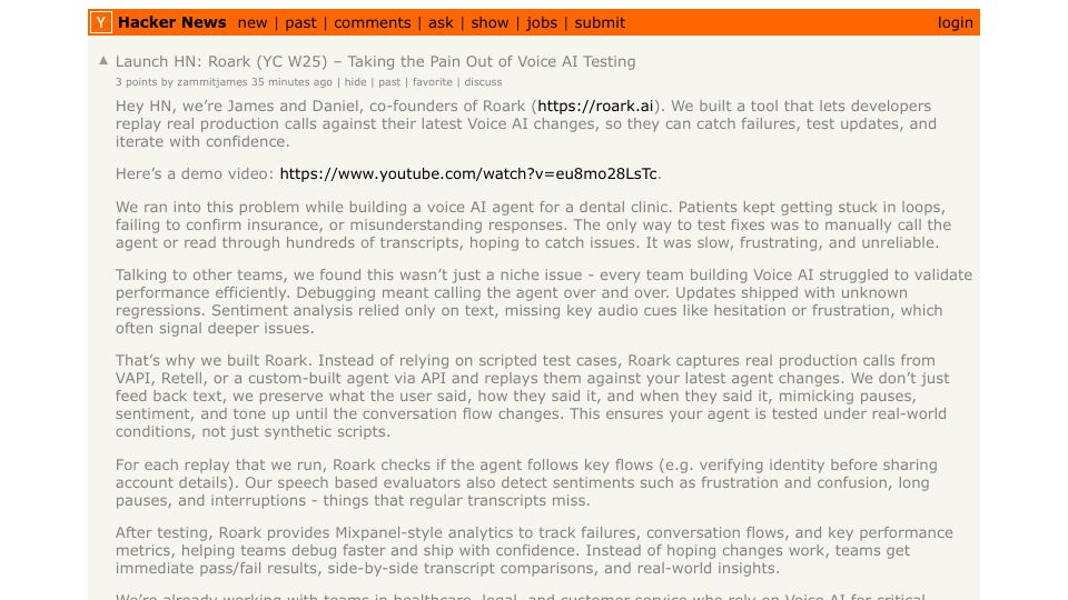 Screenshot of Hacker News post: Launch HN: Roark (YC W25) – Taking the pain out of voice AI testing