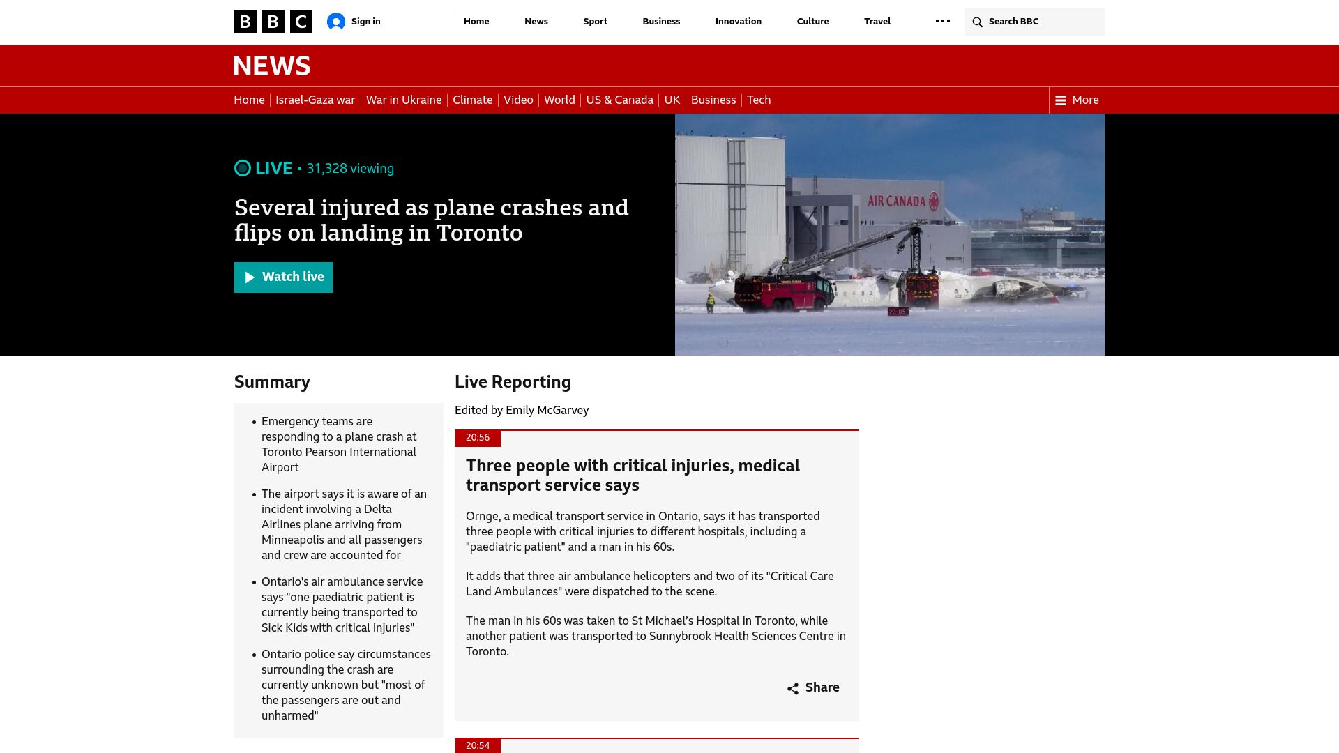 Screenshot of bbc.com: Several injured as plane crashes on landing in Toronto airport