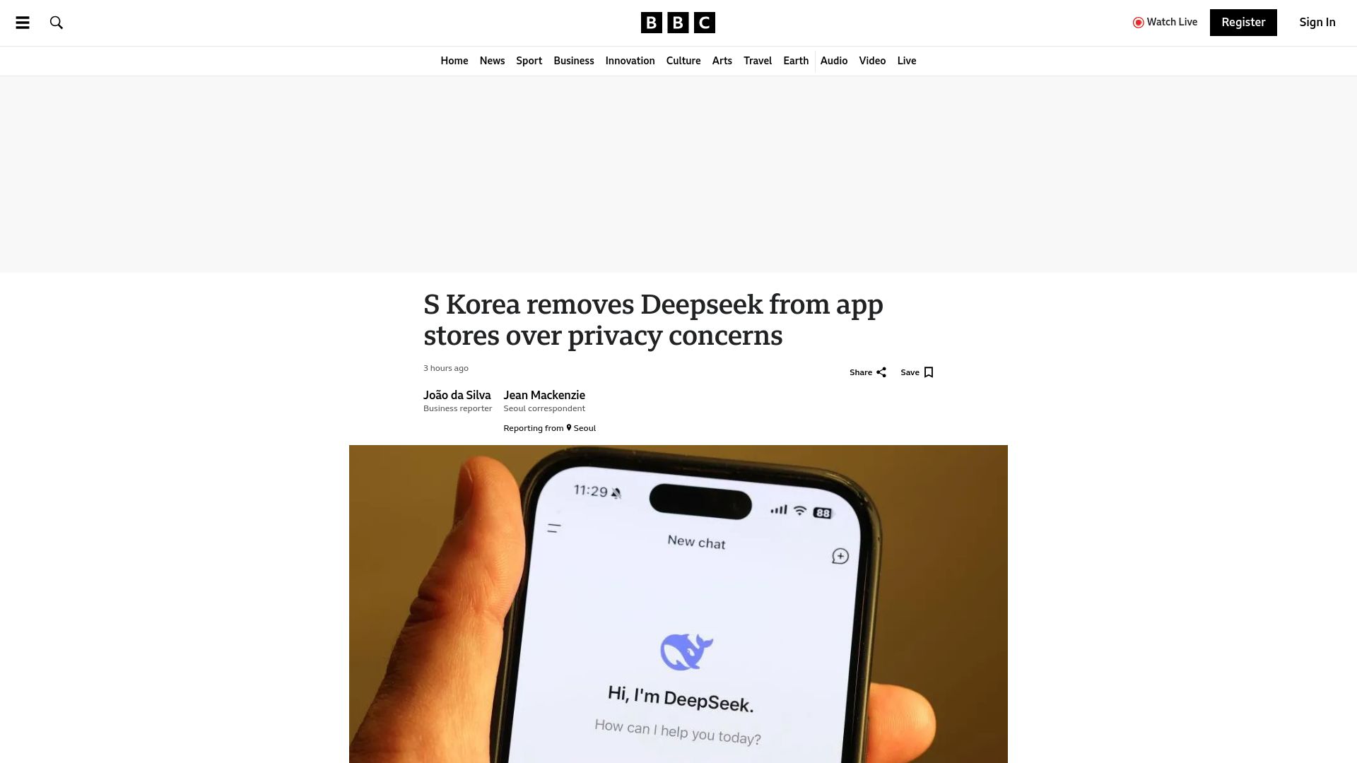 Screenshot of bbc.com: South Korea bans new DeepSeek AI downloads