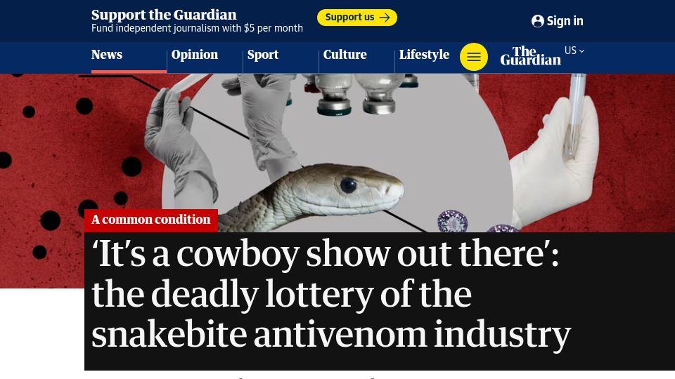 Screenshot of theguardian.com: The lottery of the snakebite antivenom industry