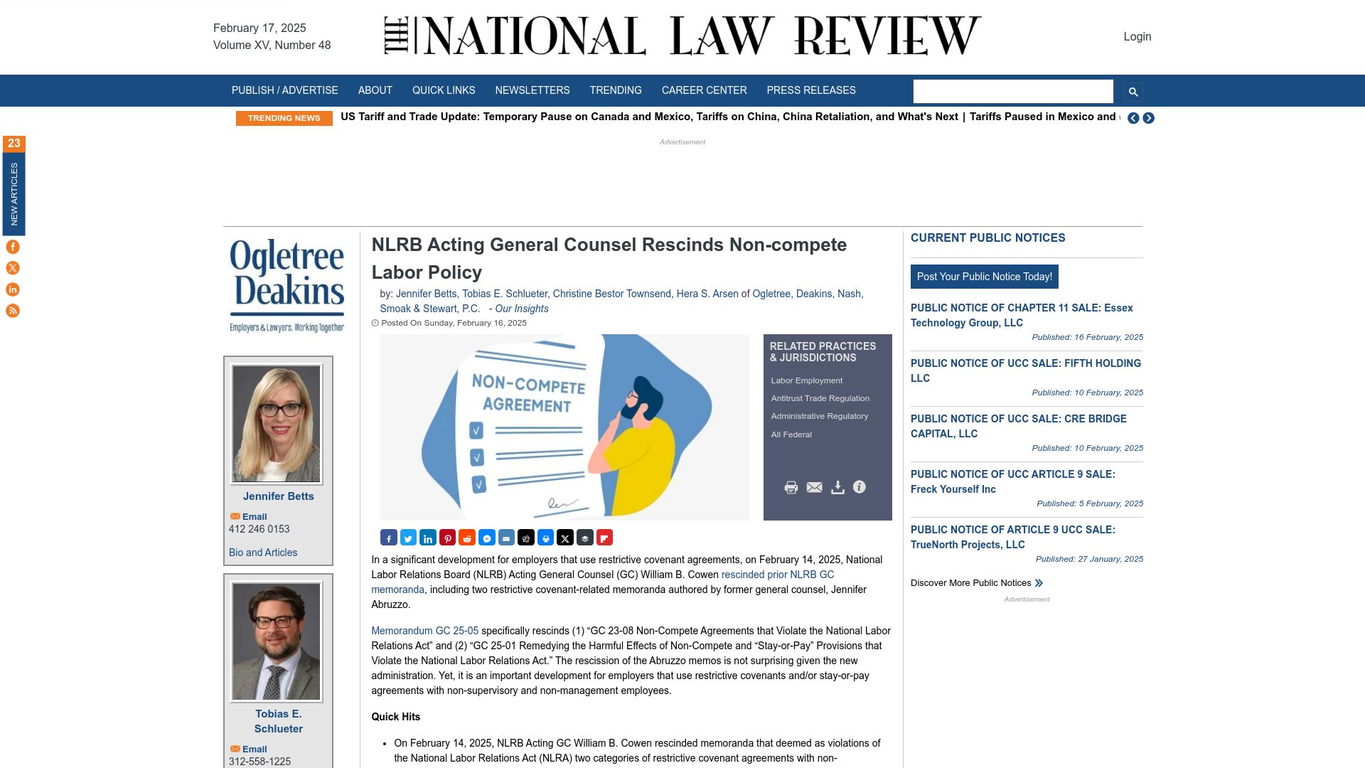 Screenshot of natlawreview.com: NLRB acting general counsel rescinds non-compete labor policy