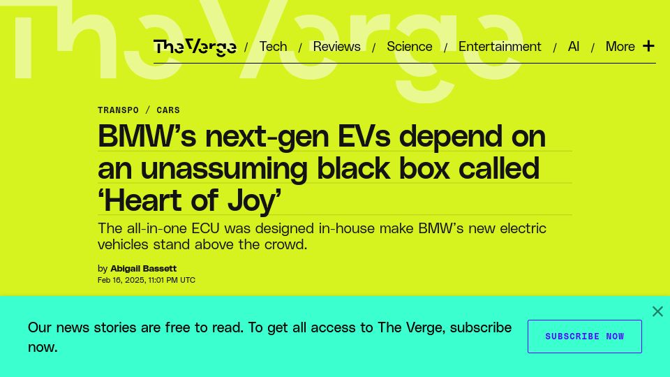 Screenshot of theverge.com: BMW's next-gen EVs depend on an unassuming black box called 'Heart of Joy'