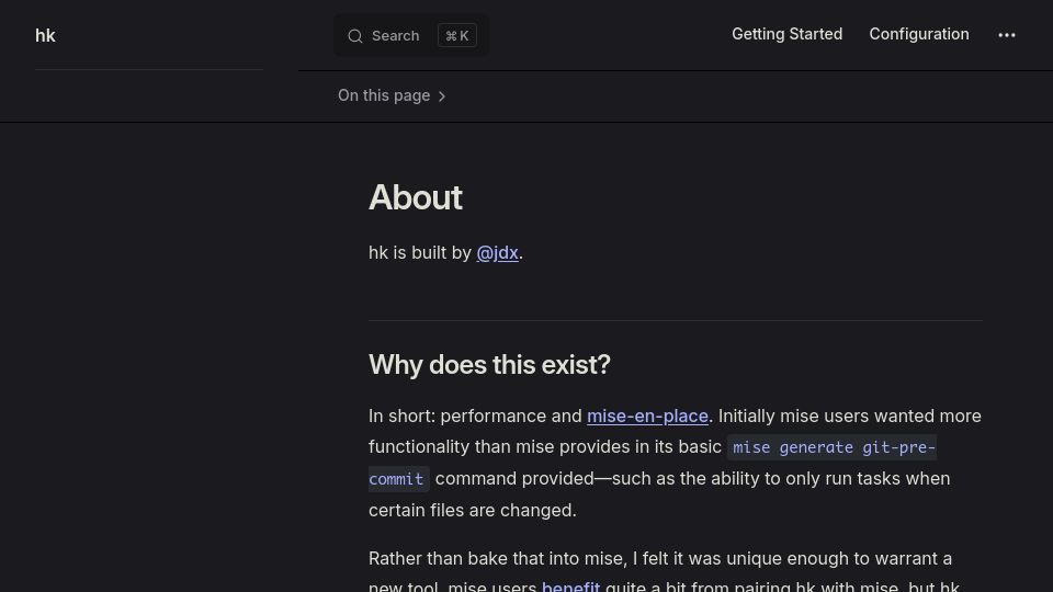 Screenshot of hk.jdx.dev: Hk, a new Git hook manager