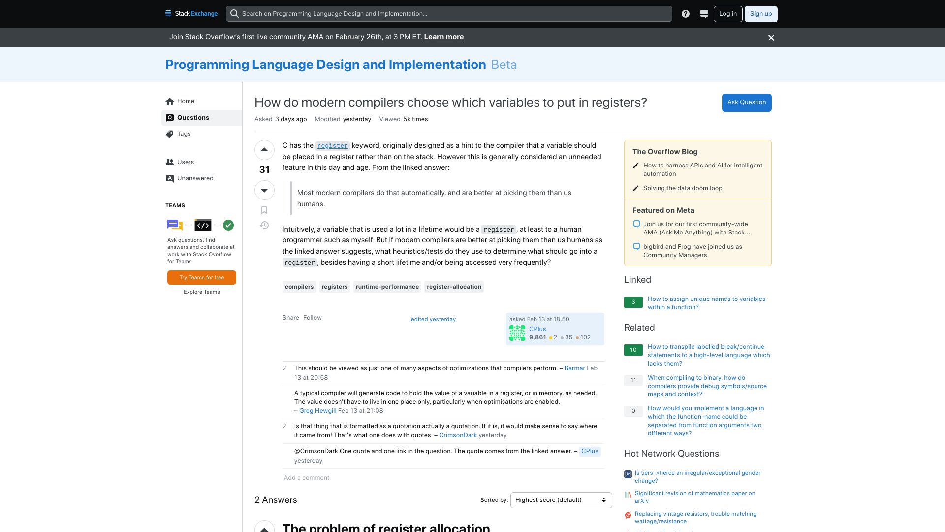 Screenshot of langdev.stackexchange.com: How do modern compilers choose which variables to put in registers?