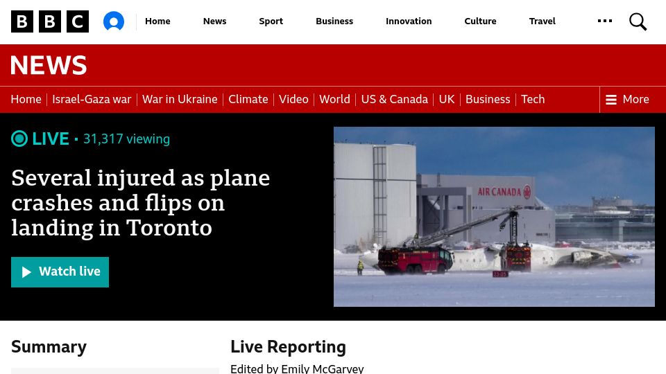 Screenshot of bbc.com: Several injured as plane crashes on landing in Toronto airport
