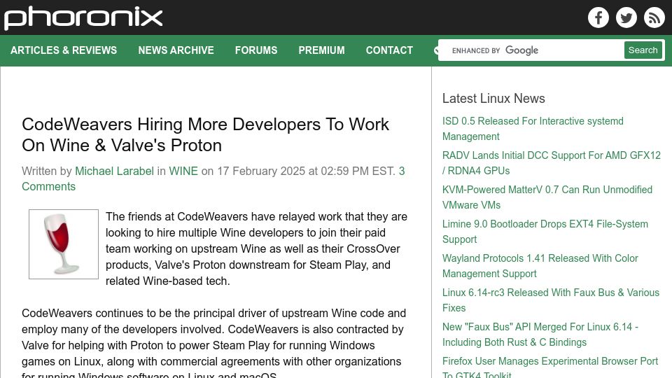 Screenshot of phoronix.com: CodeWeavers Hiring More Developers to Work on Wine and Valve's Proton