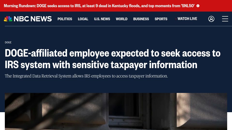 Screenshot of nbcnews.com: Doge-affiliated employee expected to seek access to IRS system