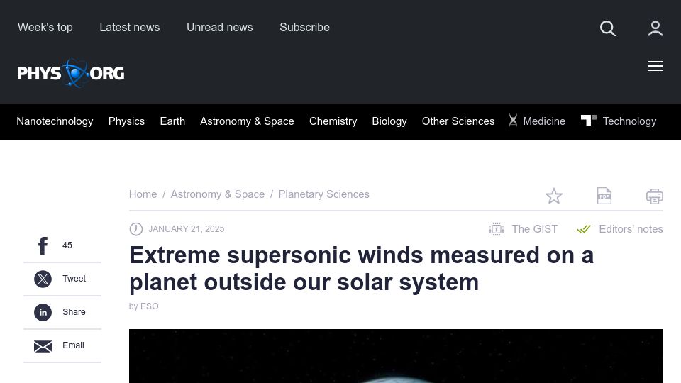 Screenshot of phys.org: Extreme supersonic winds measured on a planet outside our solar system