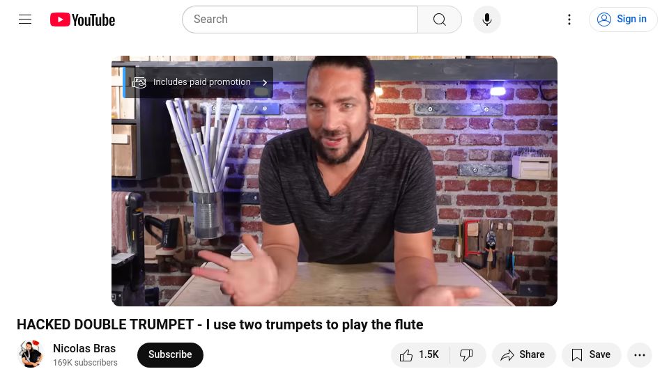 Screenshot of youtube.com: I use two trumpets to play the flute [video]