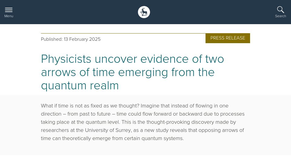 Screenshot of surrey.ac.uk: Opposing arrows of time can theoretically emerge from certain quantum systems