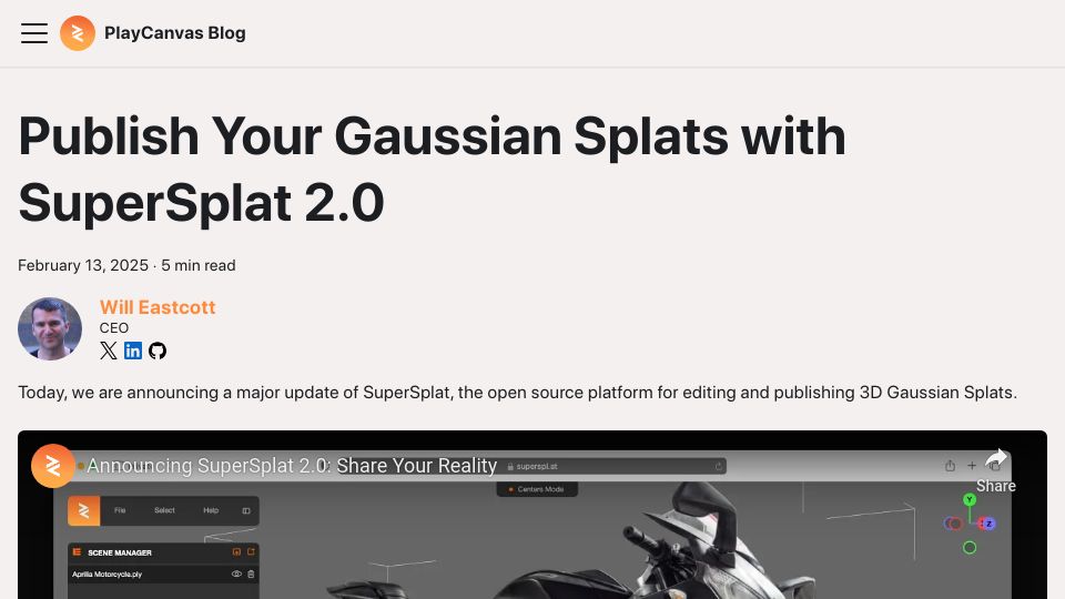 Screenshot of blog.playcanvas.com: Publish Your Gaussian Splats with SuperSplat