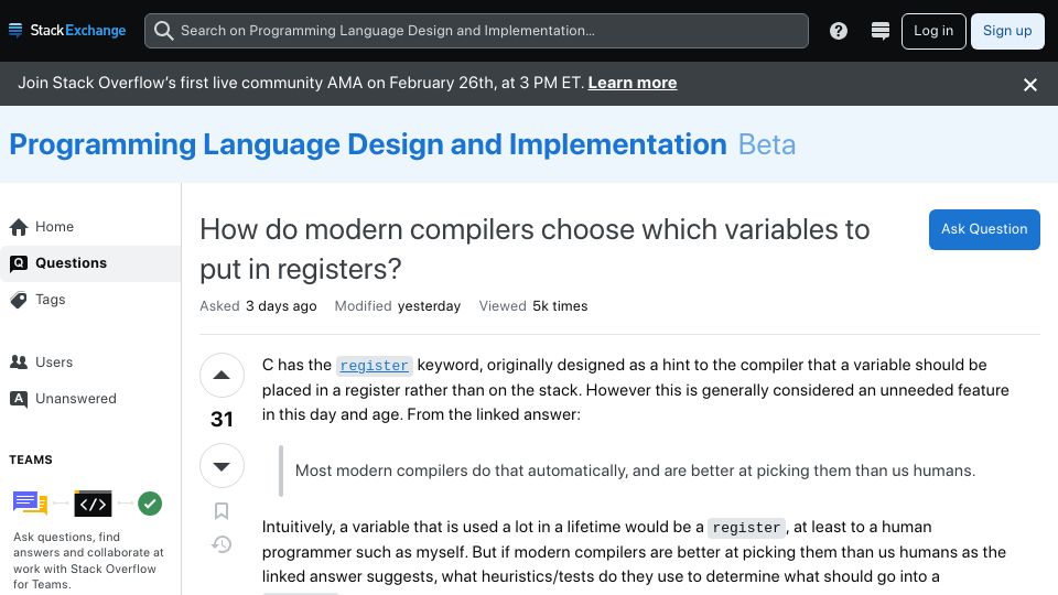 Screenshot of langdev.stackexchange.com: How do modern compilers choose which variables to put in registers?