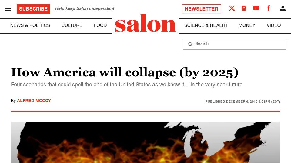 Screenshot of salon.com: America will collapse by 2025 (2010)