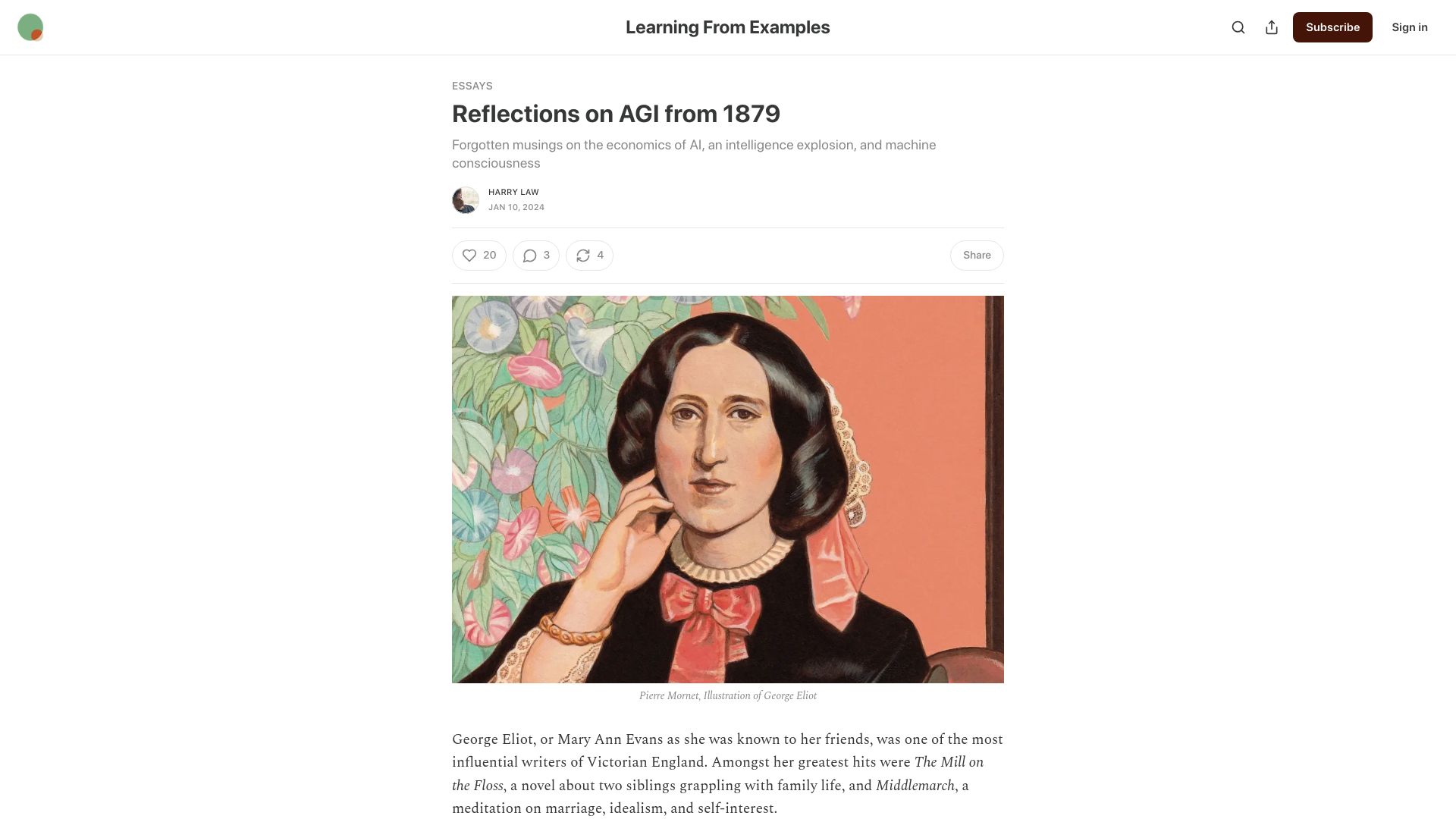 Screenshot of learningfromexamples.com: George Eliot's reflections on AGI from 1879