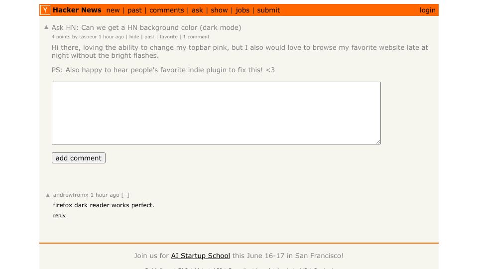 Screenshot of Hacker News post: Ask HN: Can we get a HN background color (dark mode)