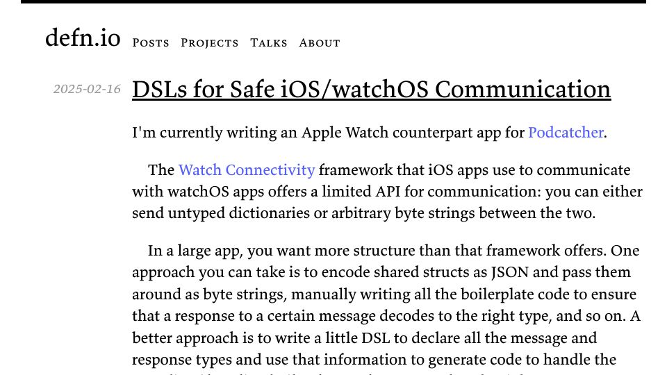 Screenshot of defn.io: DSLs for Safe iOS/WatchOS Communication