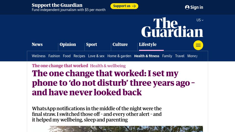 Screenshot of theguardian.com: I set my phone to 'do not disturb' three years ago – and have never looked back