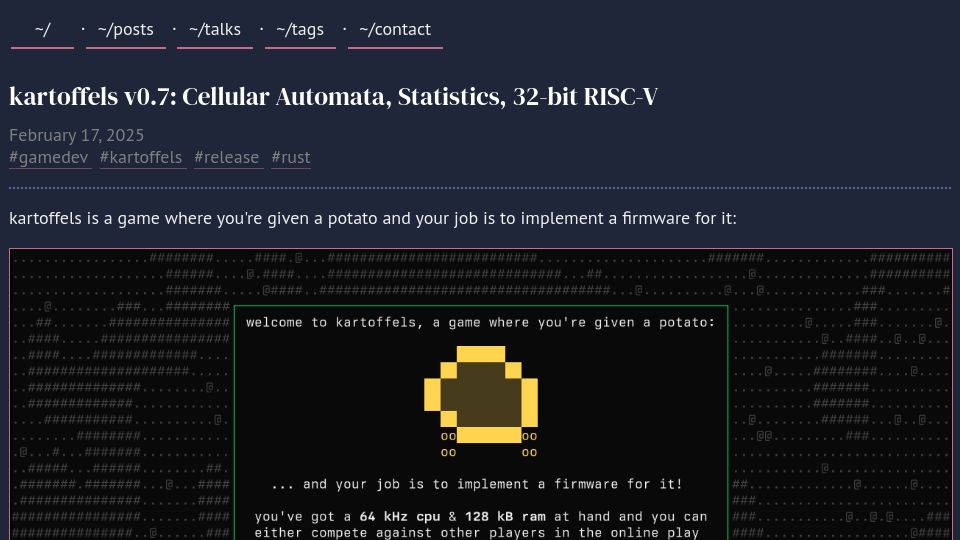 Screenshot of pwy.io: Show HN: Kartoffels – Cellular Automata, Statistics, 32-bit RISC-V