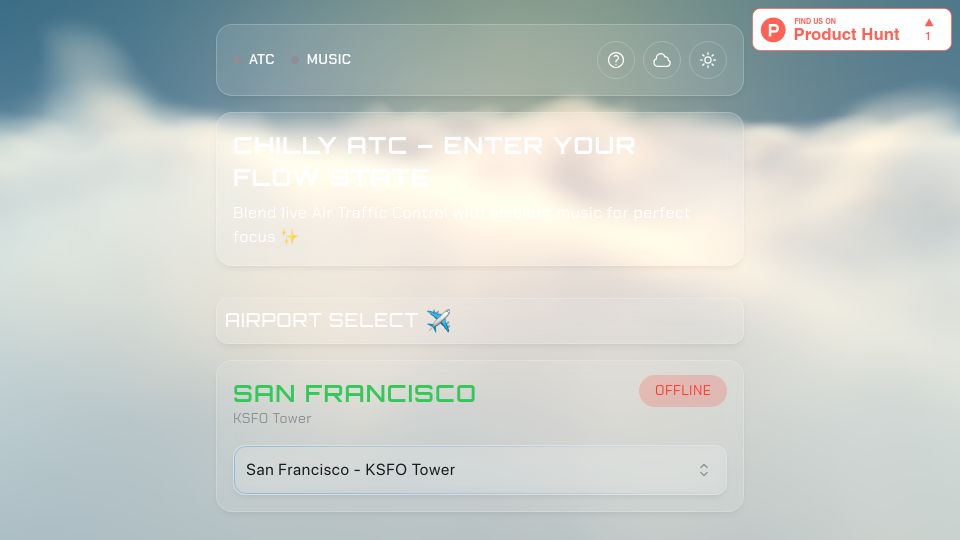 Screenshot of chillyatc.com: Show HN: Air traffic control radio and chill music for focus