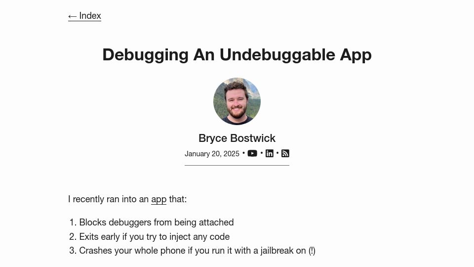 Screenshot of bryce.co: Debugging an Undebuggable App