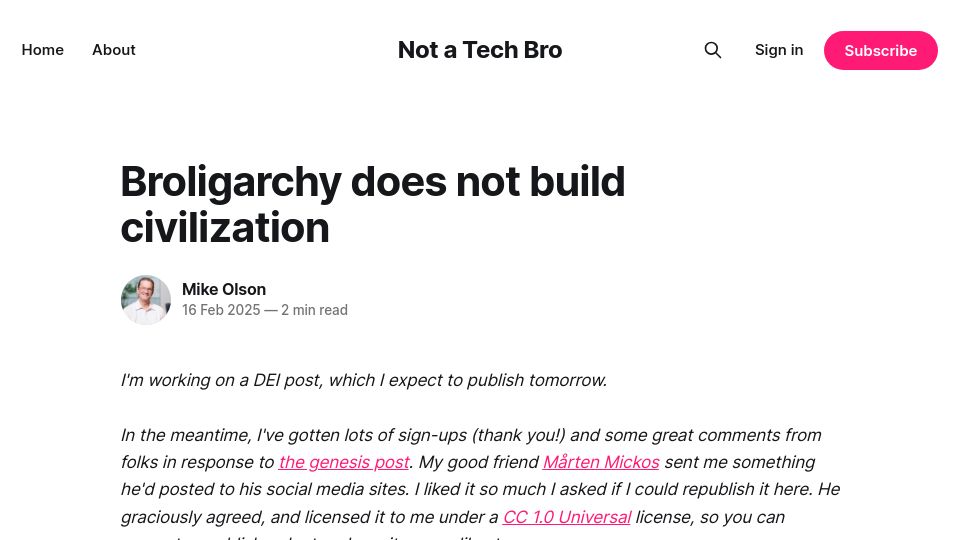 Screenshot of not-a-tech-bro.ghost.io: Broligarchy does not build civilization
