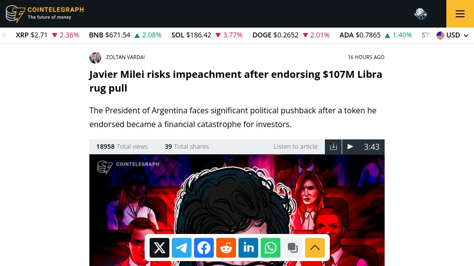 Screenshot of cointelegraph.com: Javier Milei risks impeachment after endorsing $107M Libra rug pull