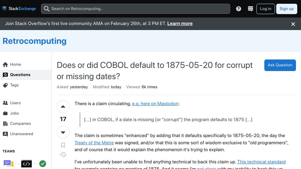 Screenshot of retrocomputing.stackexchange.com: Did missing/corrupt dates in COBOL default to 1875-05-20?