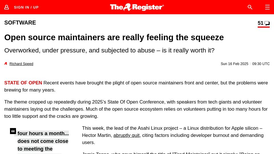 Screenshot of theregister.com: Open source maintainers are feeling the squeeze