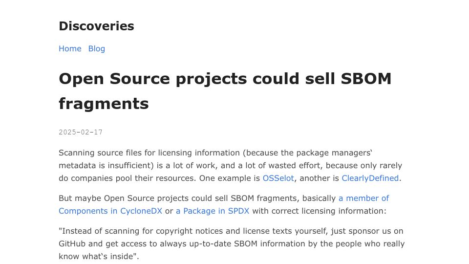 Screenshot of thomas-huehn.com: Open source projects could sell SBOM fragments