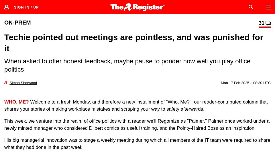 Screenshot of theregister.com: Techie pointed out meetings are pointless, and was punished for it