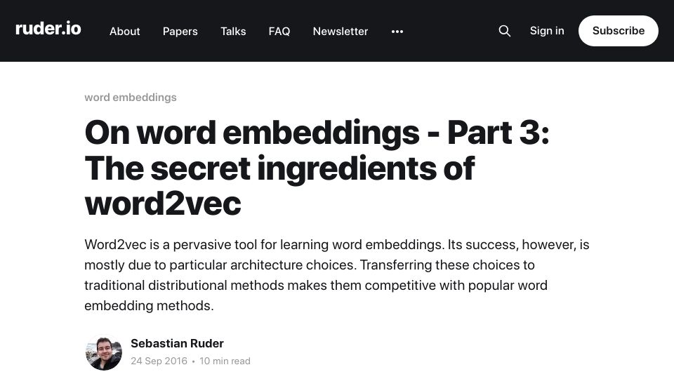 Screenshot of ruder.io: The secret ingredients of word2vec (2016)