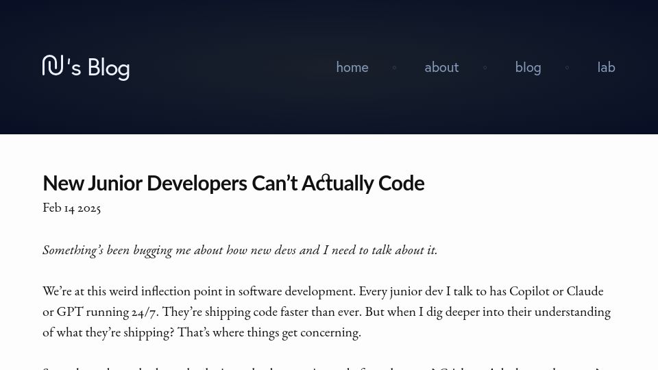 Screenshot of nmn.gl: New Junior Developers Can’t Actually Code