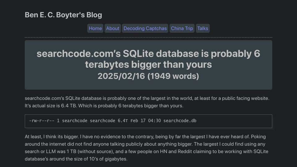 Screenshot of boyter.org: Searchcode.com’s SQLite database is probably 6 terabytes bigger than yours