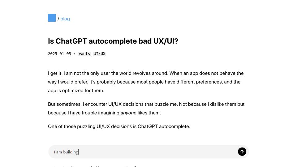 Screenshot of honzabe.com: Is ChatGPT autocomplete bad UX/UI?