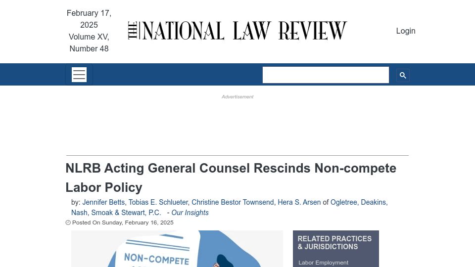 Screenshot of natlawreview.com: NLRB acting general counsel rescinds non-compete labor policy