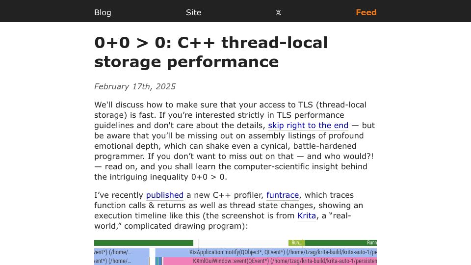 Screenshot of yosefk.com: 0+0 > 0: C++ thread-local storage performance