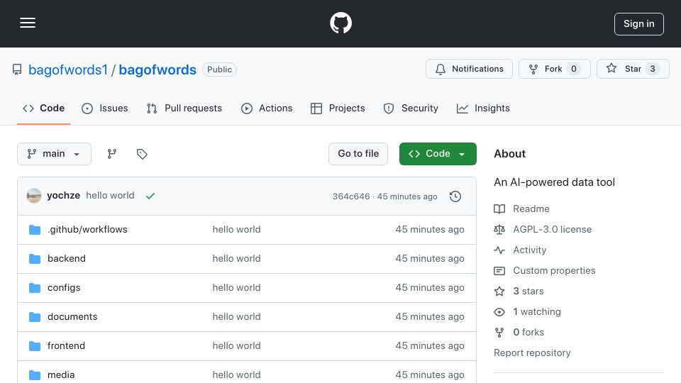 Screenshot of github.com: Show HN: Bag of words – Build and share smart data apps using AI