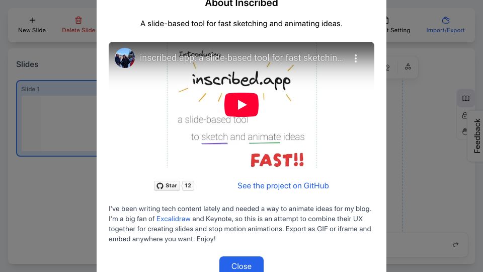 Screenshot of inscribed.app: Show HN: Inscribed, create stop motion animation and slide powered by Excalidraw