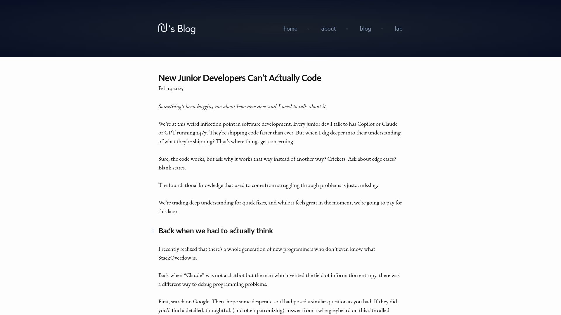 Screenshot of nmn.gl: New Junior Developers Can’t Actually Code