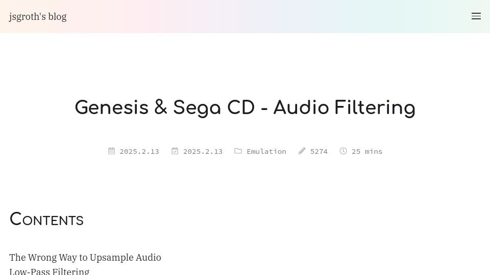 Screenshot of jsgroth.dev: Genesis and Sega CD – Audio Filtering