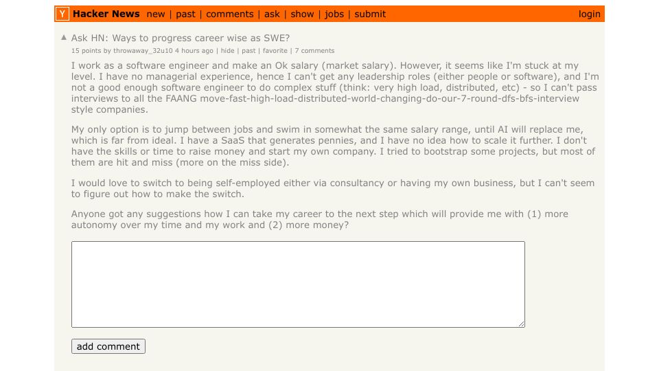Screenshot of Hacker News post: Ask HN: Ways to progress career wise as SWE?