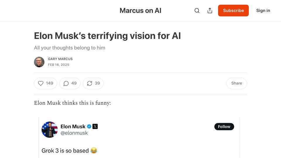 Screenshot of garymarcus.substack.com: Elon Musk's terrifying vision for AI