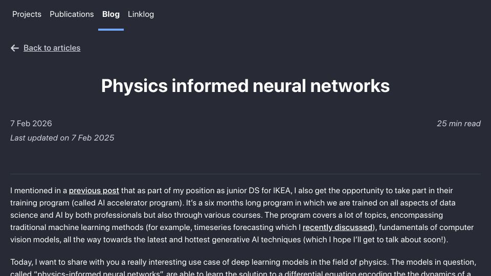 Screenshot of nchagnet.pages.dev: Physics Informed Neural Networks