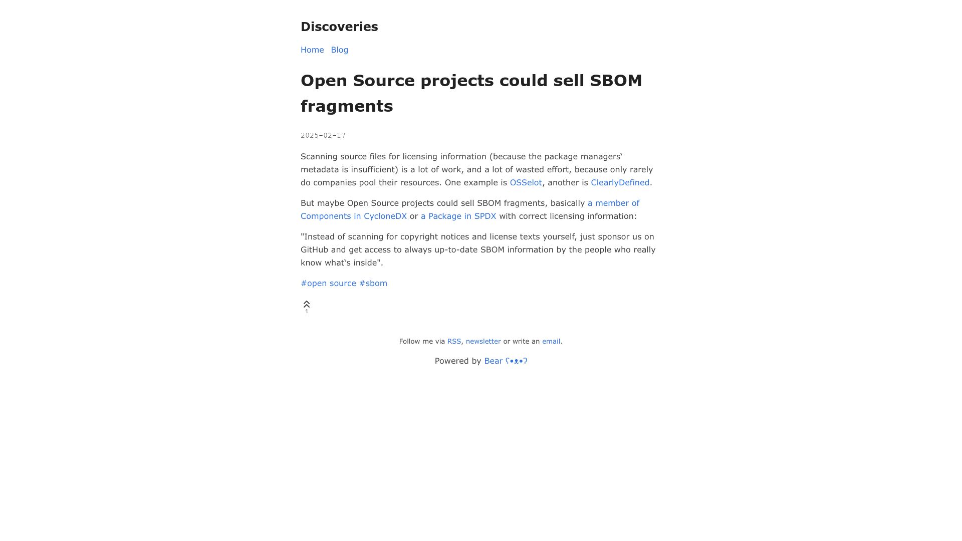 Screenshot of thomas-huehn.com: Open source projects could sell SBOM fragments